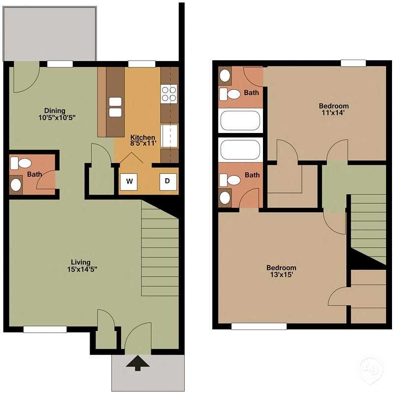 Floor plan for 2 beds, 2.5 baths, 1190 sqft